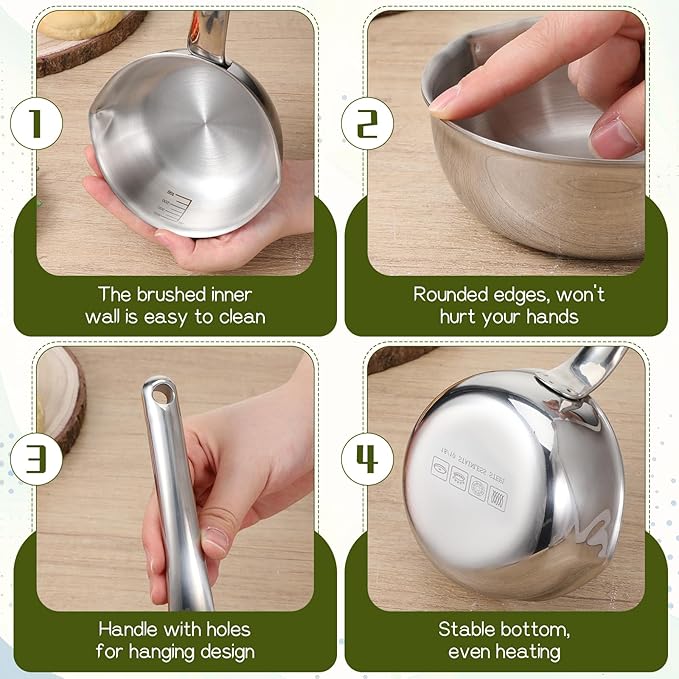 13.5 fl oz (400ml) 18/10 Stainless Steel Butter Warmer Measuring Pan, 3-Ply Saucepan with Dual Pour Spouts, Small Thick Cooking Pan for Stove Top, Chocolate Melting, Coffee Tea Soup Warming