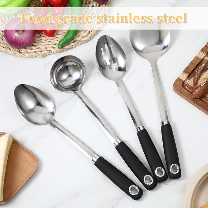 14 Inch Cooking Spoons Set Stainless Steel Kitchen Cooking Utensil Large Serving Spoons Set with Ergonomic Handle Slotted-Spoon, Ladle, Cooking-Spoon, Serving-Spoon (Pack of 4)