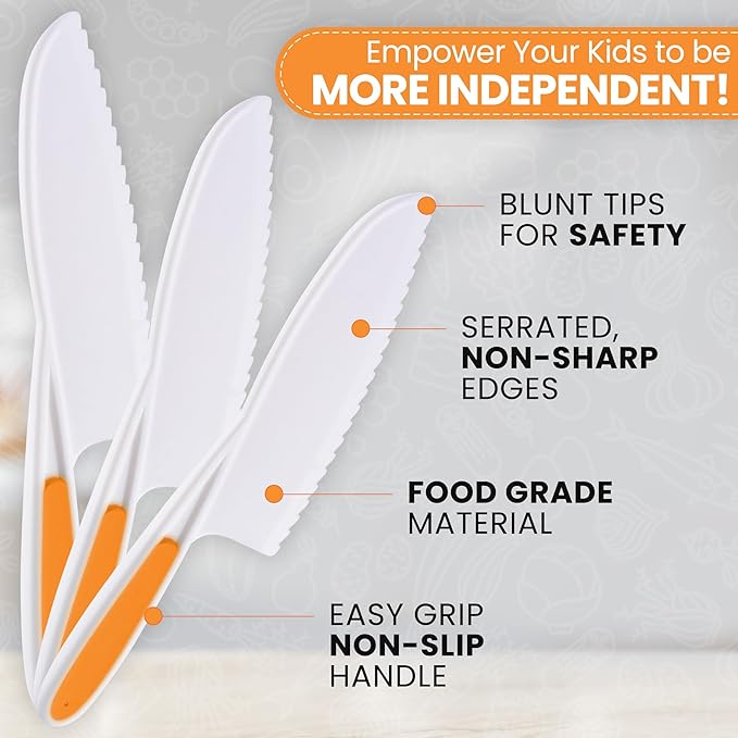 Zulay 3-Piece Kids Knife Set for Real Cooking & Baking - Toddler Knives for Cutting Fruits, Veggies, & Cake - Children’s Montessori Knife with Serrated Edges - Safe & Fun Lettuce Knife (Orange)
