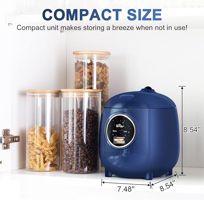 Bear Mini Rice Cooker 2 Cups Uncooked, 1.2L Portable Non-Stick Small Travel Rice Cooker, BPA Free, One Button to Cook and Keep Warm Function, Blue