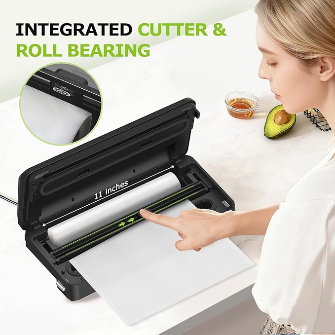Bonsenkitchen Vacuum Sealer Machine with Built-in Cutter and Bag Storage for Sous Vide and Meal Prep | Compact Food Sealer with Multiple Modes | 1 Roll Bag & 5 Pre-Cut Bags, Black-Stainless Steel