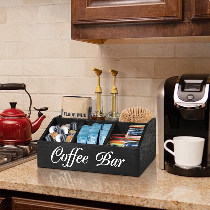 ugiftt Coffee Station Organizer for Counter, Wood Coffee Pods Holder Storage Basket, Tea Condiment Storage Organizer, Rustic Coffee Bar Decor for Coffee Accessories Organizer