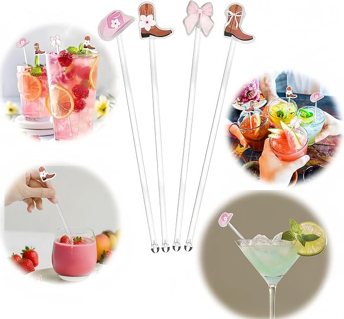 Cowgirl Birthday Party Cocktail Drink Stirrers, 20 pcs Bow Boots Drink Stirrers for Bachelorette Party Decoration, Boots and Bows Themed Swizzle Drink Sticks for Disco Cowboy Party Supplies