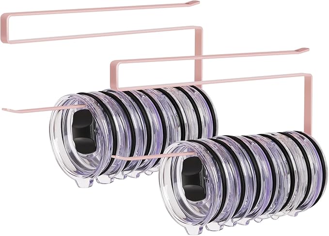 2 Pack Tumbler Lid Organizer, Horizontal Tumbler Lid Storage Hook to Hold Up 20 Lids, Space Saving Cup Lid Holders Under Cabinet Tumbler Lid Hook for Kitchen Organizer, Paper Towel Rack Hanger (Pink)
