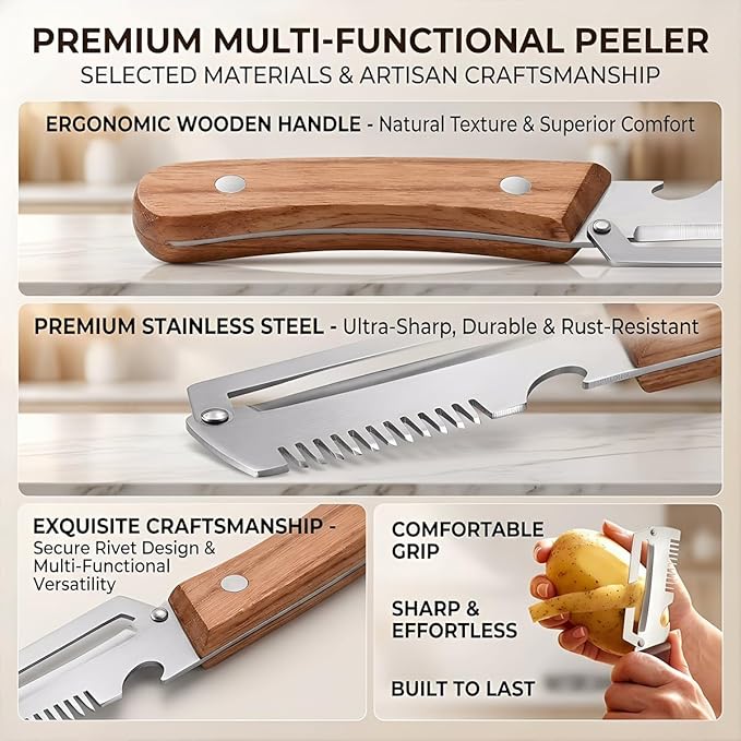 2 Pack Multifunctional Vegetable Peeler, 3-in-1 Peelers For Kitchen with Bottle Opener, Sharp Stainless Steel Swivel Blade, Wooden Handle, For Vegetables or Fruits that Need to Be Peeled