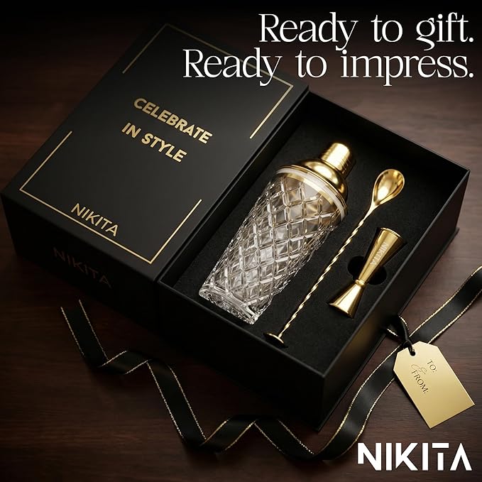 Nikita Cocktail Shaker, 5-Piece Martini Shaker & Bartender Kit with Bar Accessories Strainer, Jigger, Spoon & Muddler, Gold 16oz Drink Mixer with Bartender Accessories
