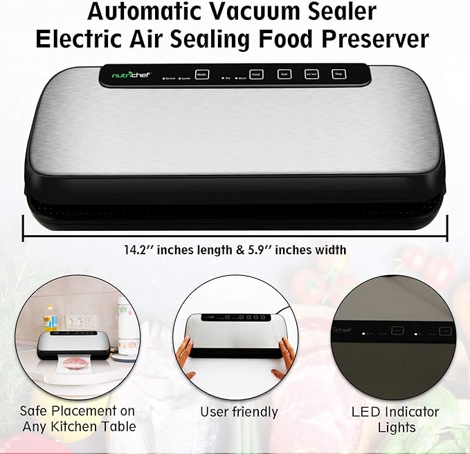 NutriChef Stainless Steel Vacuum Sealer For Food - High-Power Machine with Adjustable Suction, Dry & Moist Modes, LED Lights, Bags, Wine Stopper & Hose, Easy Plug-in Design, Lab-Tested Food Storage