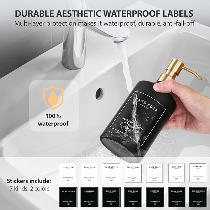 Black Glass Kitchen Hand and Dish Soap Dispenser Set, Bathroom Soap Dispenser Set with Tray and Stainless Steel Pump, Gold Kitchen Accessories (Black Bottle/Gold Pump)