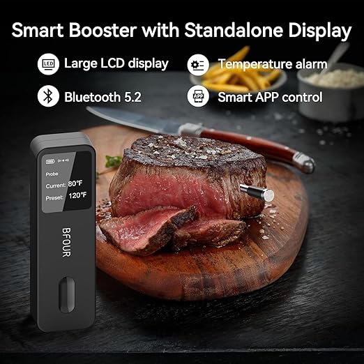 BFOUR Meat Thermometer Digital Wireless with LCD Booster, Bluetooth Food Cooking Thermometer with Smart App, 524FT Remote Range, 100% Waterproof & 752°F Heat Resistant Probe for BBQ Oven Grill Smoker