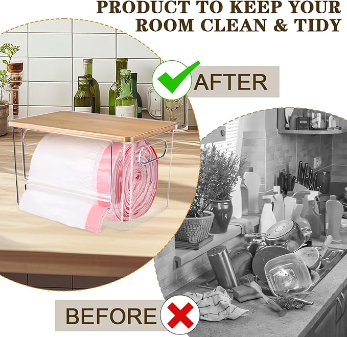 Trash Bag Dispenser, Trash Bag Holder Dispenser with Bamboo Top, Extra Large Garbage Bags Holder Organizer Under Sink for Kitchen, Pantry, Laundry Room