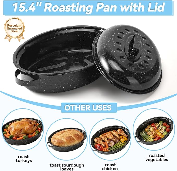15.4" Roasting Pans for Ovens Porcelain Enameled Steel Oval Roaster Pan with Domed Lid for Turkey, Chicken, Vegetable, Lamb, Sourdough Bread