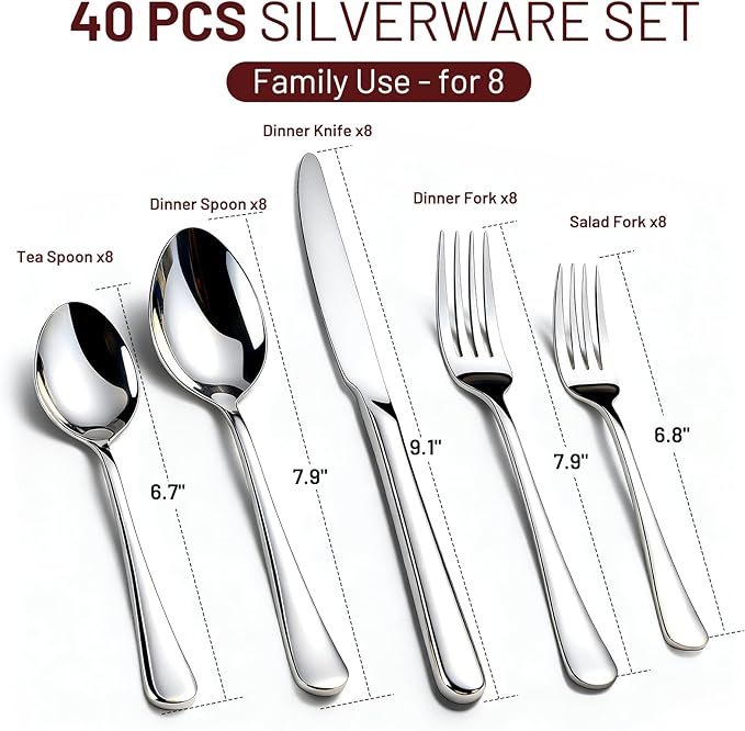 KIKCOIN 40 Pack Silverware Set for 8, Food-Grade Stainless Steel Flatware Set, Heavy Duty Mirror Polished Cutlery Utensils Set with Knives Spoons and Forks Set for Home Kitchen Restaurant Wedding