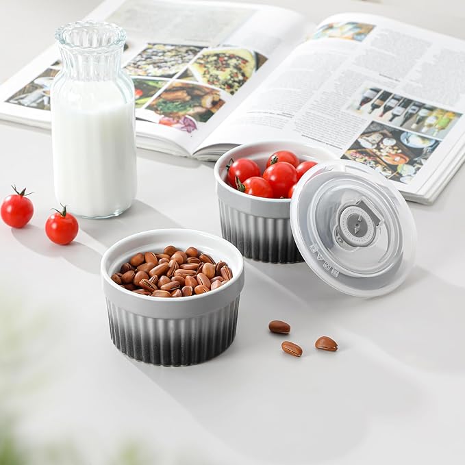 vancasso 6 oz Ramekins with Lid, Porcelain Creme Brulee Souffle Dishes,Set of 6, Grey Pudding Custard Cups Ramiken for Baking, Dishwasher and Oven Safe