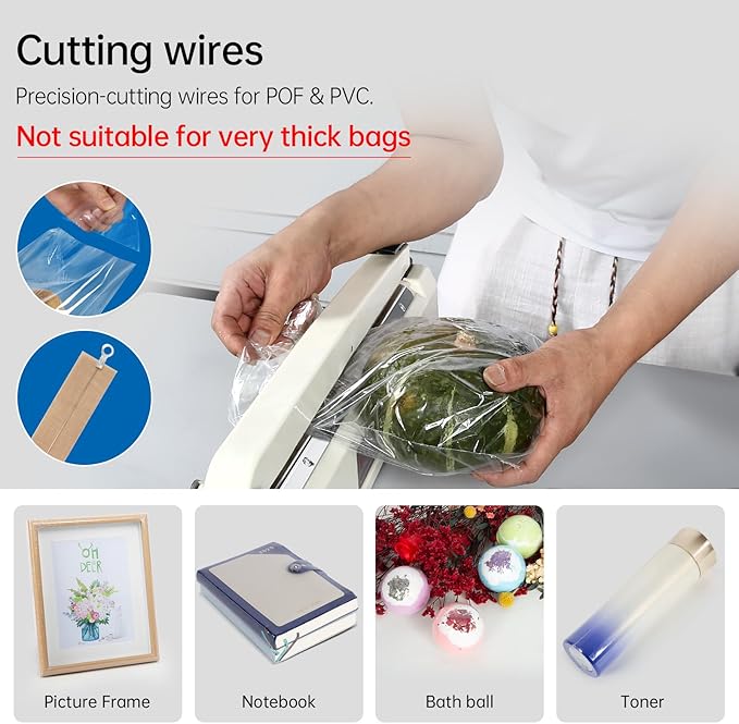 Impulse Heat Sealer with Hot Cutting Wire, Heavy-Duty Bag Sealing & Cutting Machine, 2 Extra Replacements (White, 8-Inch)