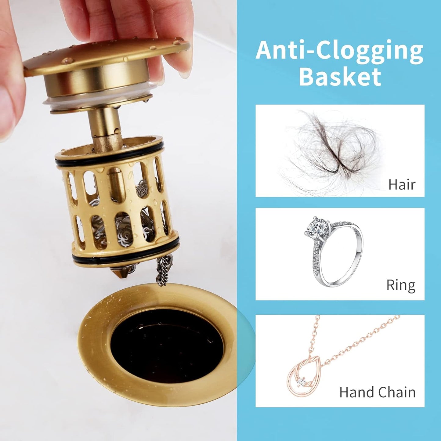 Bathroom Sink Pop Up Drain with Overflow, Vessel Sink Drain with Detachable Filter Basket, Anti-Corrosion and Anti-Clogging Sink Pop Up Drain Stopper (Brushed Gold, with Overflow)