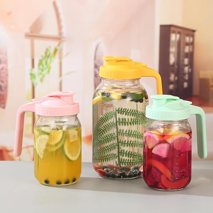 Mihlapi Glass Pitcher with Lid, 64 OZ Mason Jar Pitcher Double Leak Proof, 2 Quart Breast Milk Storage Containers for Fridge, Wide Mouth Glass Jar for Sun Tea, Juice, Cold Brew Coffee