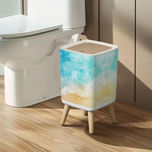 Small Trash Can with Lid Abstract Beach Sea Summer Grunge Background Wave Sand Pastel Crayon Wastebasket with Press Cover Dog Proof Garbage Can Waste Bin for Kitchen Bathroom Nursery 2.6 Gallon