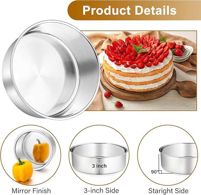 P&P CHEF 8 Inch Cake Pans Set, Round Baking Pan Stainless Steel Layer Birthday Wedding Cake Oven Pans, Non Toxic & Heavy Duty, Deep Side & Mirror Finish, Dishwasher Safe, (3Pcs)