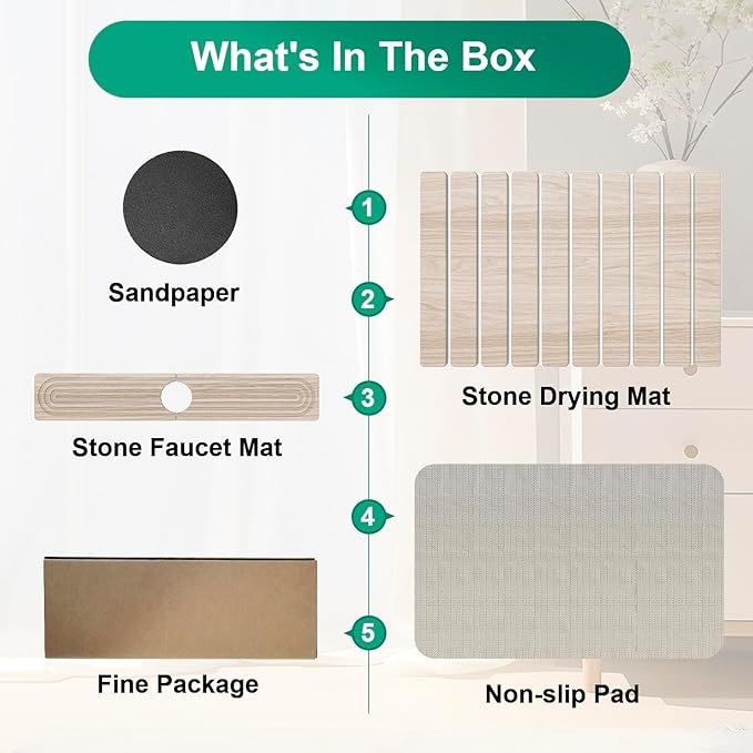 Stone Drying Mat for Kitchen Counter, 24"x16" Water Absorbing Dish Drying Mat with 24"x4" Faucet Mat for Kitchen Sink, Diatomaceous Earth Quick Dry Stone Mats for Dishes Bottles Cups (Wood Grain)