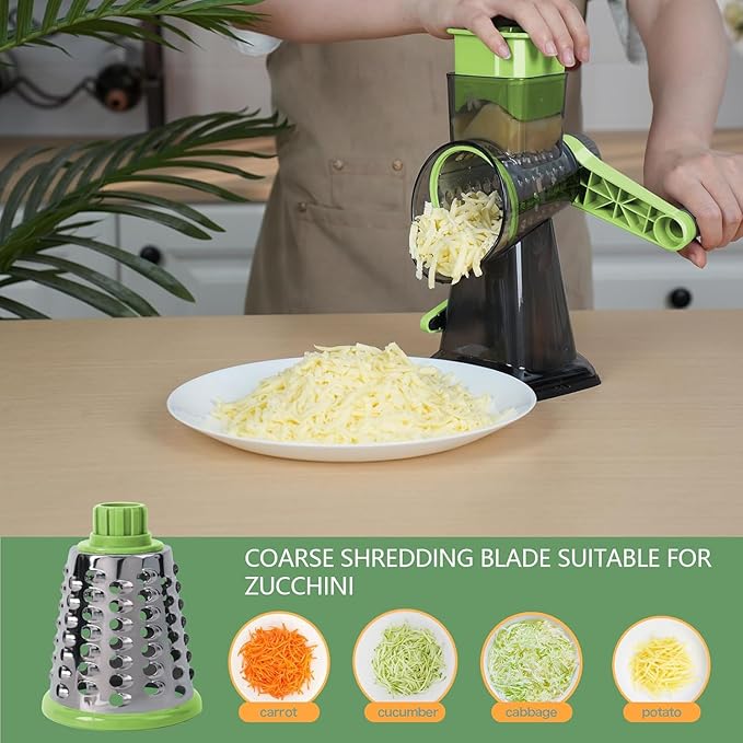 Rotary Cheese Grater Multi-Purpose Stainless Steel Shredder- Cheese Grater With handle Effortless Grating of Vegetables, Nuts and Fruits,with Suction Base and Cleaning Brush (green)
