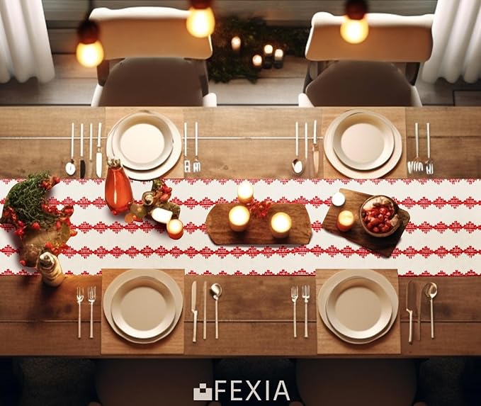FEXIA Christmas Red Table Runner 13x72 Inches Long Christmas Runner for Table Boho Table Decor Rustic Farmhouse Xmas Decoration for Home Party Decor (Red Square)
