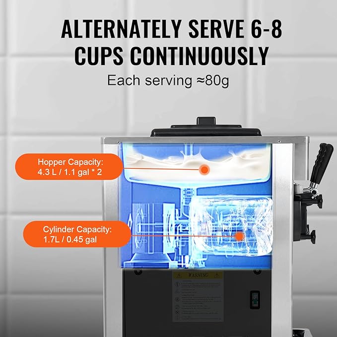 VEVOR 1850W Commercial Soft Ice Cream Machine 3 Flavors 5.5 to 8.2Gallon per Hour PreCooling at Night Auto Clean LCDPanel for Restaurants Snack Bar, Sliver