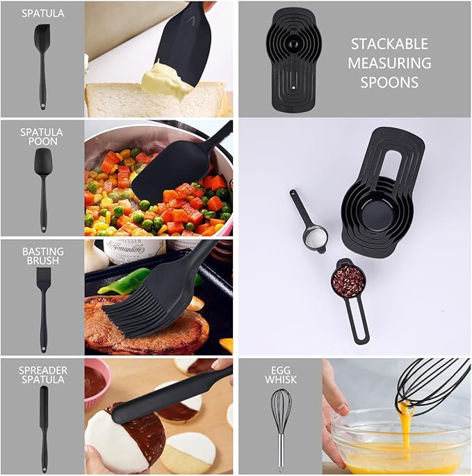 Leidawn Mixing Bowls with Lids set - 25 PCS Stainless Steel Nesting Black Mixing Bowls Set for Baking, Mixing, Serving & Prepping, Size 5, 3.7, 2.8, 2.3, 1.7, 1.1, 0.7QT, 11 Cooking Utensils