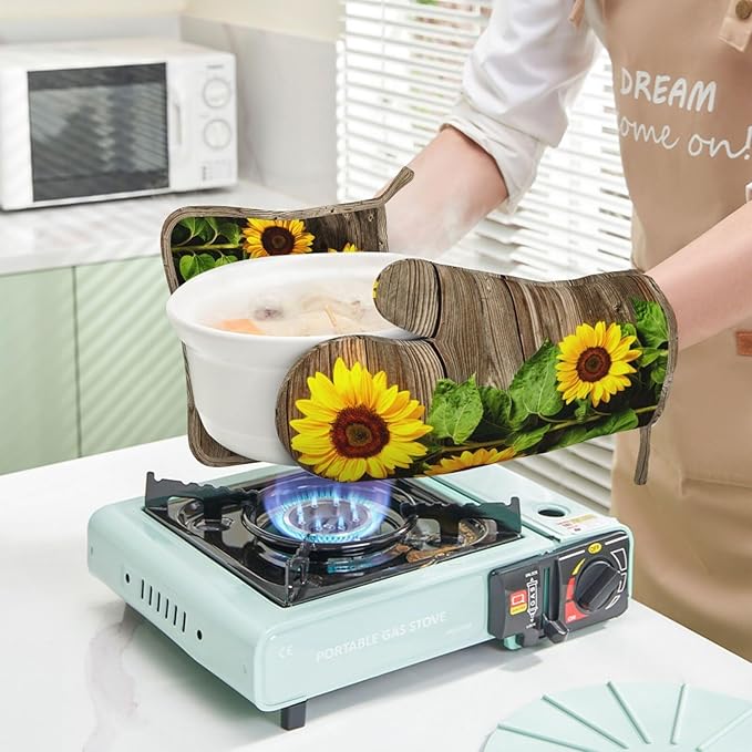 Sunflower Wooden Retro Oven Mitts and Pot Holders Sets of 4, Heat Resistant Silicone Oven Mittens and Potholders Gloves Hot Pads for Kitchen Cooking Baking Grilling BBQ Chef