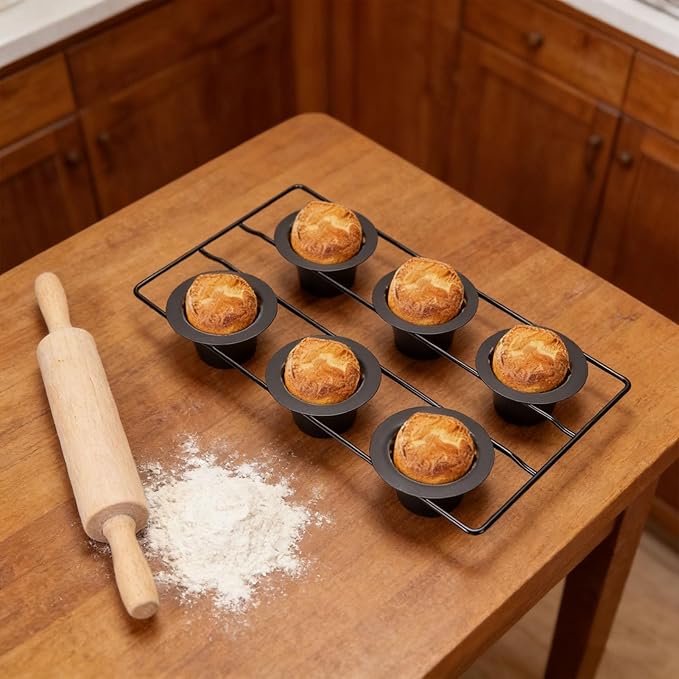 6 Cup Popover Pan, Non Stick Carbon Steel Bakeware with Wire Rack, Deep Tapered Cups Kitchen Supplies for Popovers Muffins