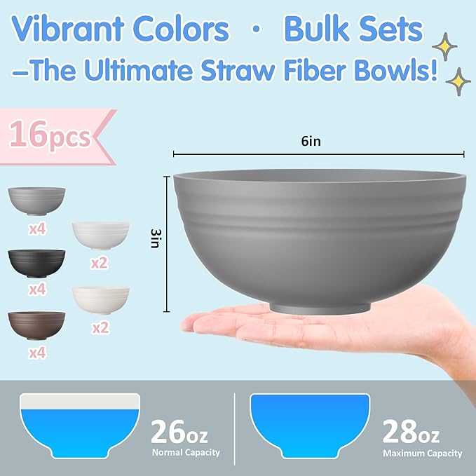 Quatish 16 PCS Unbreakable Cereal Bowls,Dishwasher & Microwave Safe Wheat Straw Bowls, Easy-to-Clean Lightweight Snack & Soup Bowl,Multi-Color Portable for Picnics Plastic Bowls Set, Brown