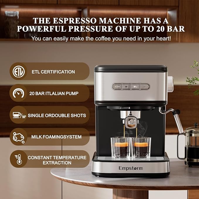 Empstorm 20 Bar Espresso Machine, Cappuccino Machines with Milk Frother Steam Wand, Latte Machine for Home&Barista, Automatic Shut-off Function