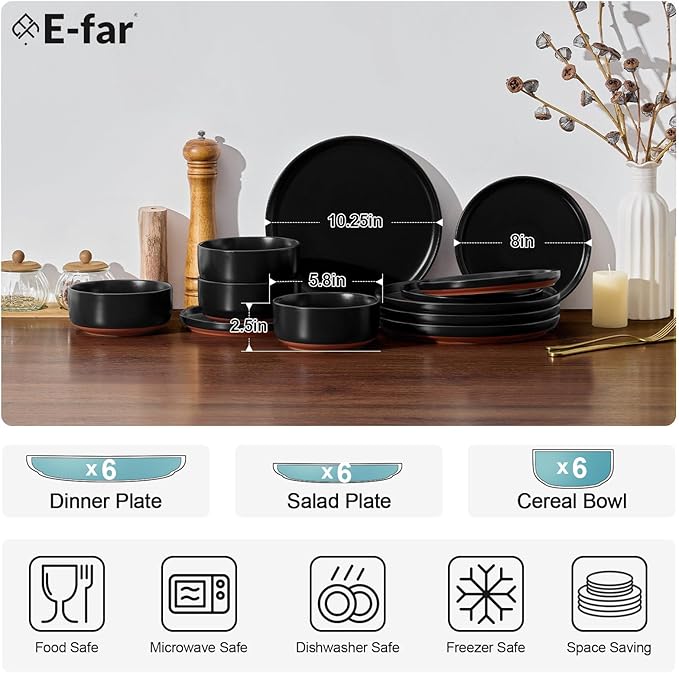 E-far 18-Piece Stoneware Plates and Bowls Sets, Dinnerware Sets for 6, Ceramic Dishware Dishes Set with Terracotta Base, Chip & Scratch Resistant, Microwave & Dishwasher Safe, Matte Black