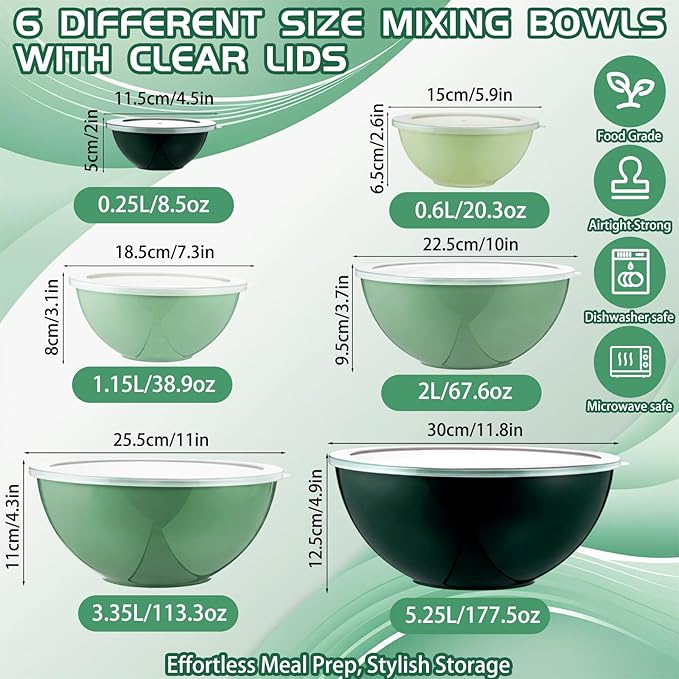 LemonRoad 6 Pcs Plastic Mixing Bowl Set with Lids Colorful Serving Bowl Nesting Storage Bowls for Kitchen, Baking, Prepping, Cooking and Serving Food, Dishwasher & Microwave Safe(Green)