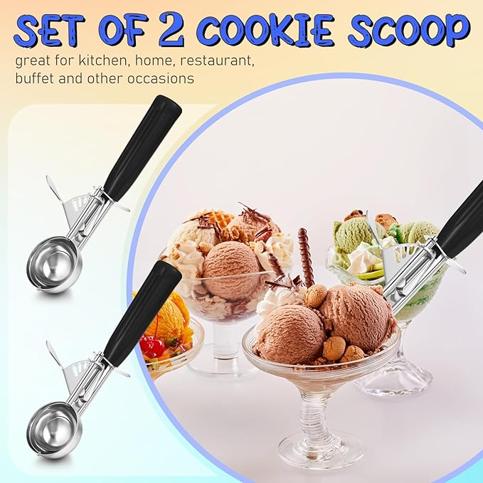 Reallnaive 2 Pcs Release Cookie Scoops Ice Cream Scooper with Trigger Release Portion Scoop Stainless Steel for Portion Control, Baking Food, Cookie Dough (1 oz,Black)
