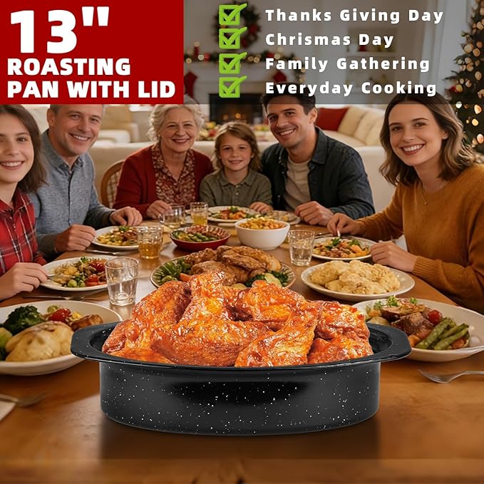 DIMESHY 13Inch Roasting Pan, Enamel on Steel, Black Covered Oval Roaster Pan with Lid, Small Cookware for Turkey, Small Chicken, Roast Baking Pan.