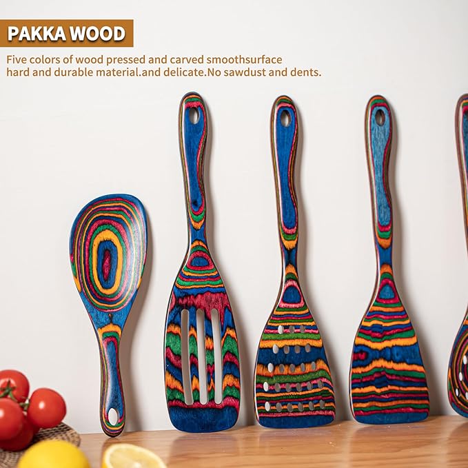 Gudamaye Pakka wood 7-Piece Blue Wooden Cooking Utensils, Wooden Spoons for Cooking, Wooden Spoon Set, Wooden Kitchen Utensil set, Pakkawood Cooking Spoons, Non-Stick Spoon,Pakkawood kitchen utensils