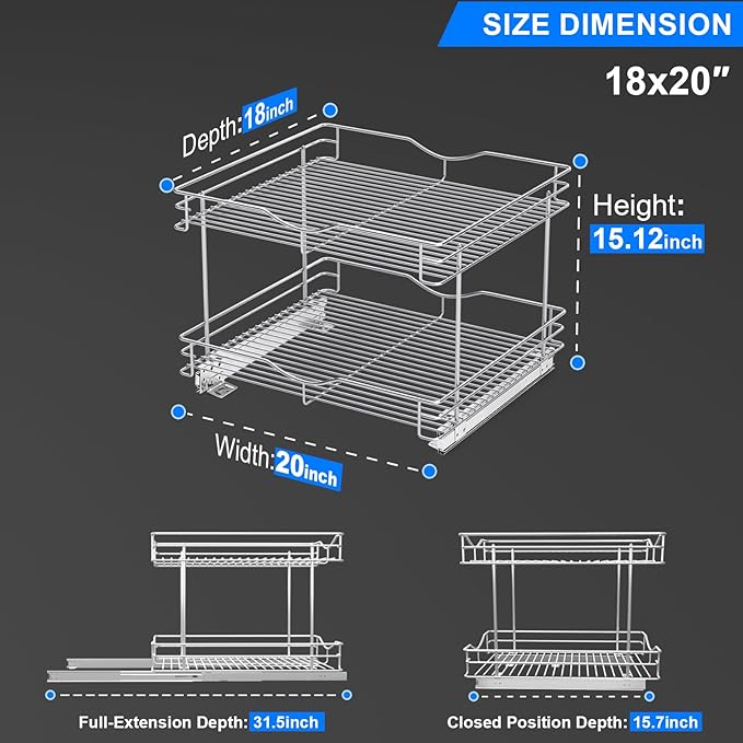 FULGENTE Chrome Finish Pull Out Drawer Cabinet Organizer 20" Wx18 Dx15.12''H 2 Tier Heavy Duty Slide Out Kitchen Storage Shelves Wire Frame Under Shelf Sliding Drawers for Inside Cupboard