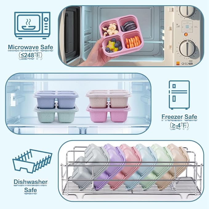 LCHLZZ 4 Compartment Snack Containers with Lids, 4 Pack Reusable Bento Box Adults, Divided Meal Prep Lunch Containers, Microwave & Dishwasher Safe, Food Storage for Work Travel Picnic, Pink