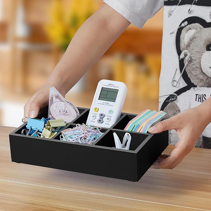 DRASTAR Tea Bag Organizer, Tea Bag Drawer Organizer, Wooden Tea Bag Holder, Tea Chest with 6 Compartments, Tea Organizer Storage Box, Tea Caddy for Tea Bags Organizer, Black