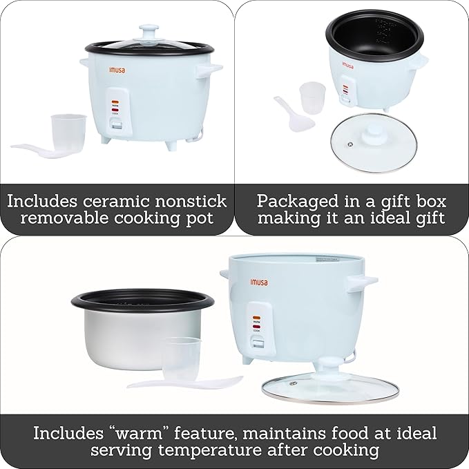 IMUSA Electric Rice Cooker 16 Cup Cooked 8 Cup Uncooked – Ceramic Nonstick Pot, Multi Cooker for Rice, Quinoa, Oatmeal, Stew – Keep Warm Function – Compact for Kitchen Dorm RV