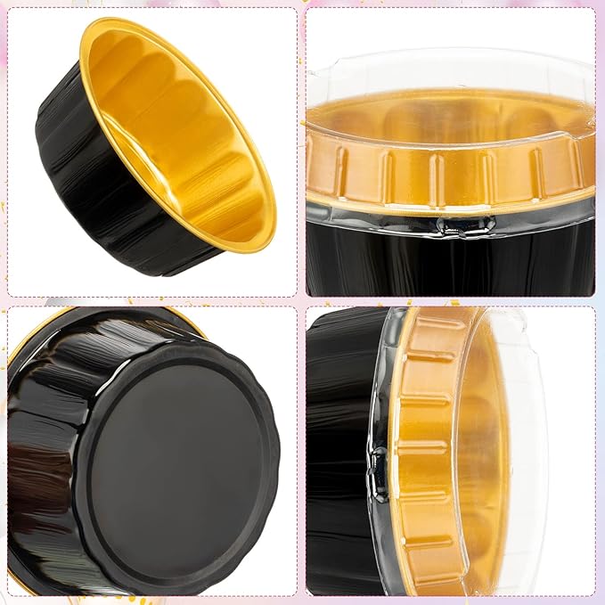 Tessco for you 200 Pcs Disposable Ramekins with Lids 8 oz Creme Brulee Ramekin Aluminum Foil Cup Cupcake Liner Baking Valentines Disposable Muffin Tin Pan Cheesecake Container (Black,Gold,Silver)