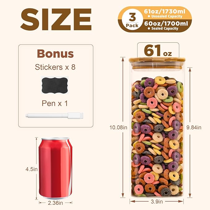 SHOWIN Glass Food Storage Jars Square 61oz, 3 Pack Glass Jars With Bamboo Lids, Kitchen Storage Containers For Spice, Candy, Cookie, Storage For Pantry Organizers