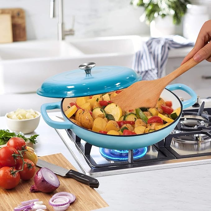 COOKWIN Cast Iron Casserole Braiser, 3.8 Quart,Heavy Duty Casserole Skillet with Lid and Dual Handles, Porcelain Enameled Surface Cookware Pot, Mother's Day Gifts for Family Light Blue