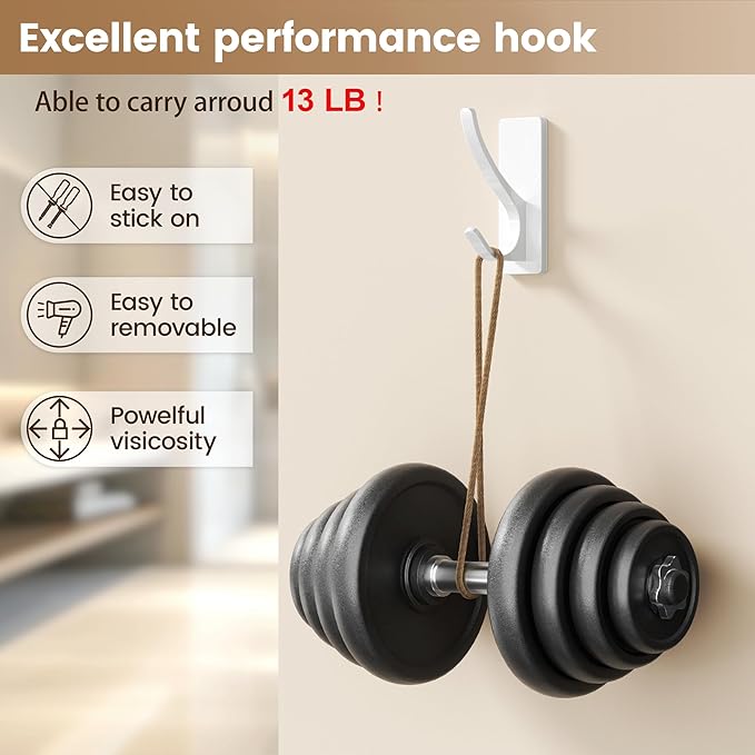 pickpiff White Self Adhesive Coat Hooks for Hanging: 13LB Extra Strong Stainless Wall Hook for Towel, Utensil, Backpack, Hat, Sturdy Metal Hanger for Bathroom, Kitchen, Door, 10 Pack
