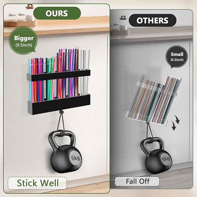 Acrylic Straw Holder for Cabinet Door - Reusable Tumbler Straw Organizer Storage, Small Kitchen Accessories Container, Ultra Sticky Cupboard Door Mounted (Black, Large 9.5" (Most Cabinets))