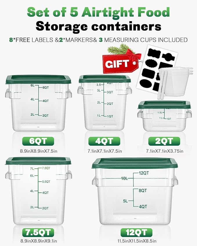 12QT NSF Food Storage Containers: 2 PCS [Food Grade][Hot&Cold Resistant] Commercial Clear Square Food Storage Containers with Scales Handles for Home Restaurant Kitchen Proof Dough(BPA FREE-GREEN N2)