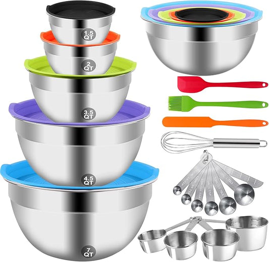 WEPSEN Mixing Bowls with Lid Set, 25PCS Kitchen Utensils Metal Bowl Stainless Steel Nesting Bowls, Measuring Cups and Spoons, Egg Whisk for Baking Prepping Cooking Serving Supplies