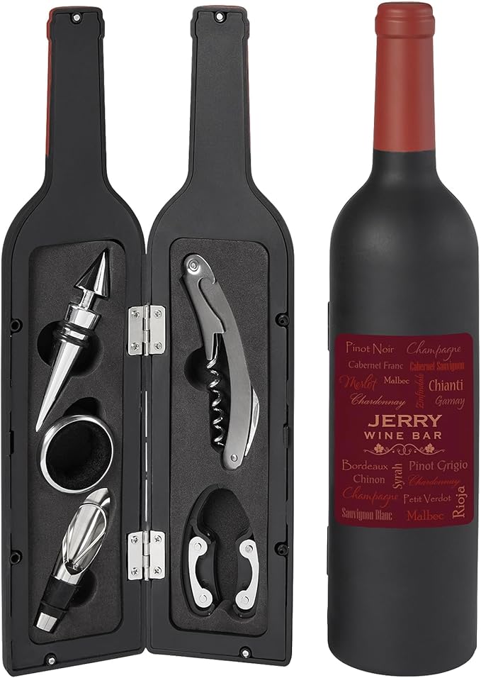 Let's Make Memories Personalized 5 Piece Tool Set - Wine Talk - Wine Bottle Opener - Unique Bar Accessories - Bottle-Shaped Holder - Personalize with Name