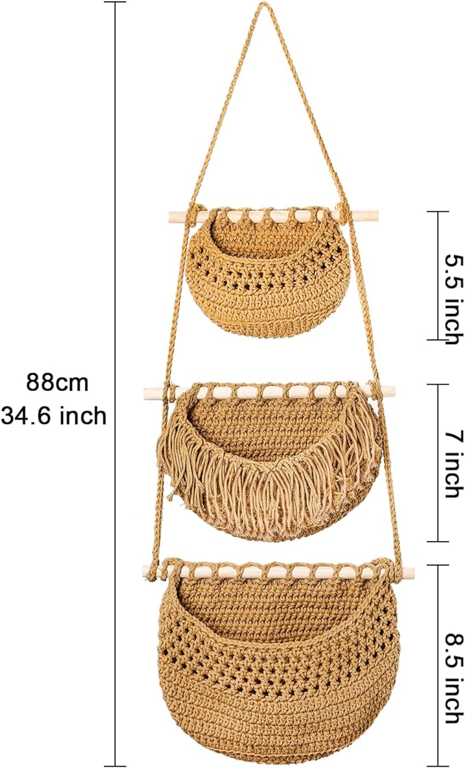 Lawei 3 Tier Hanging Fruit Basket, Wall Hanging Vegetable Fruit Baskets Cotton Woven Storage Baskets for Organizing, BOHO Wall Basket Decor, Over the Door Organizer for Kitchen, Bedroom, Bathroom