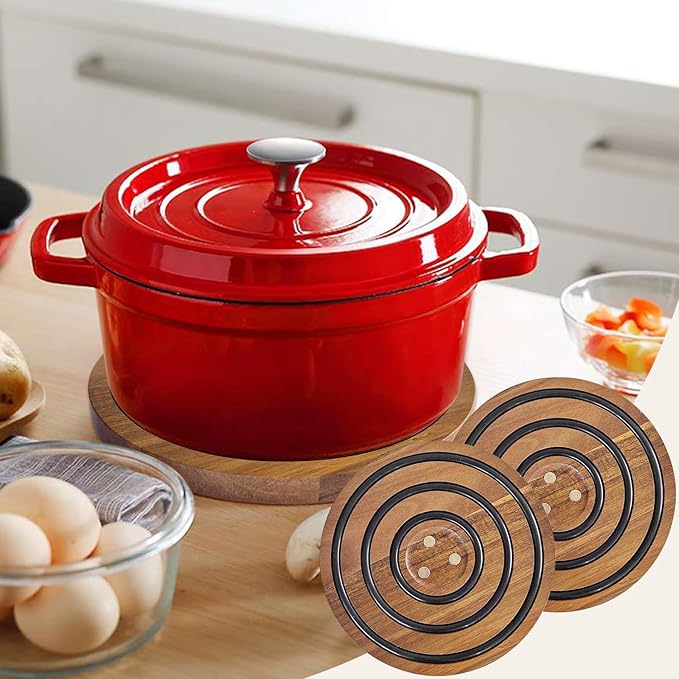 2 PCS Magnetic Wooden Trivets for Hot Pots and Pans, Heat Resistant Acacia Wood Trivet with Cushioning Silicone Strips for Dutch Ovens Hot Dishes Pots Holder, for Mom Grandma
